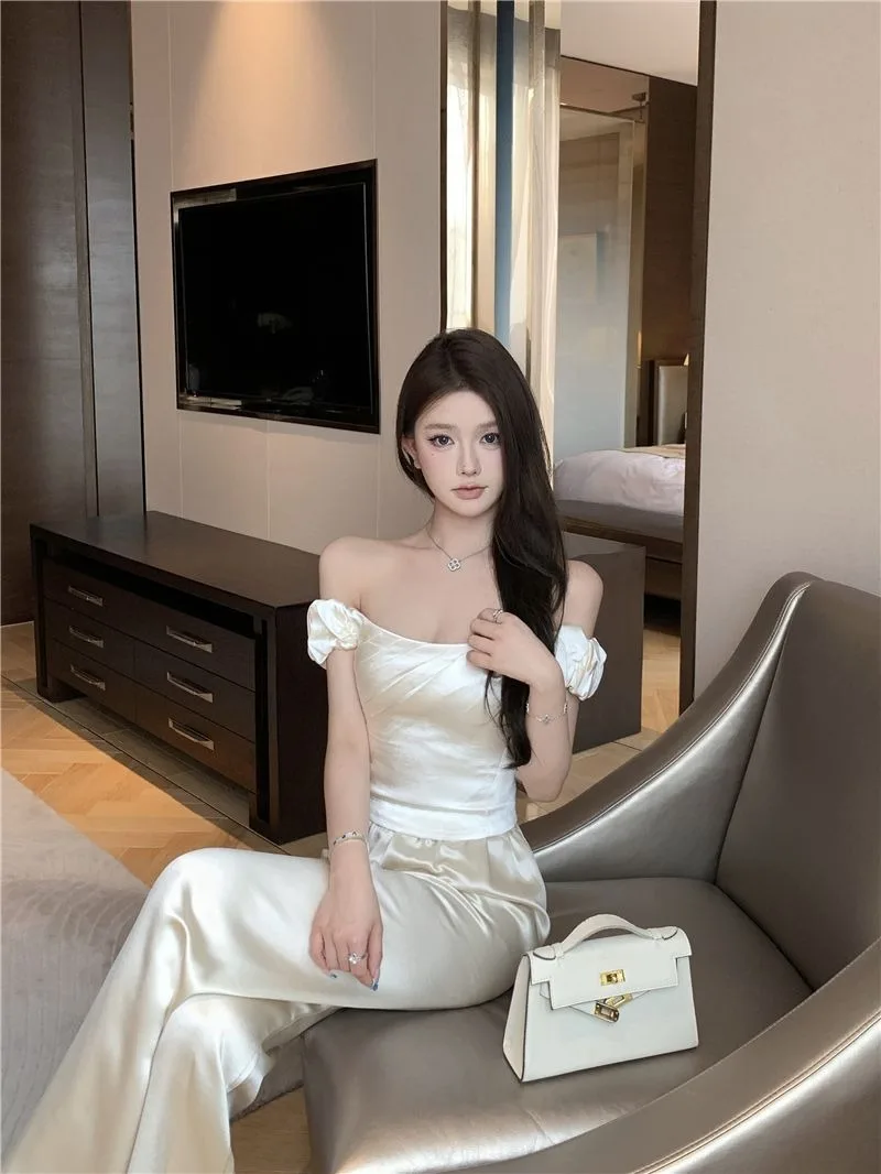 

Celebrity Temperament Satin Slash Neck Top Wide Leg Pants Two-piece Set Women Collarbone Sleeveless Solid Gentle Slim Summer Set