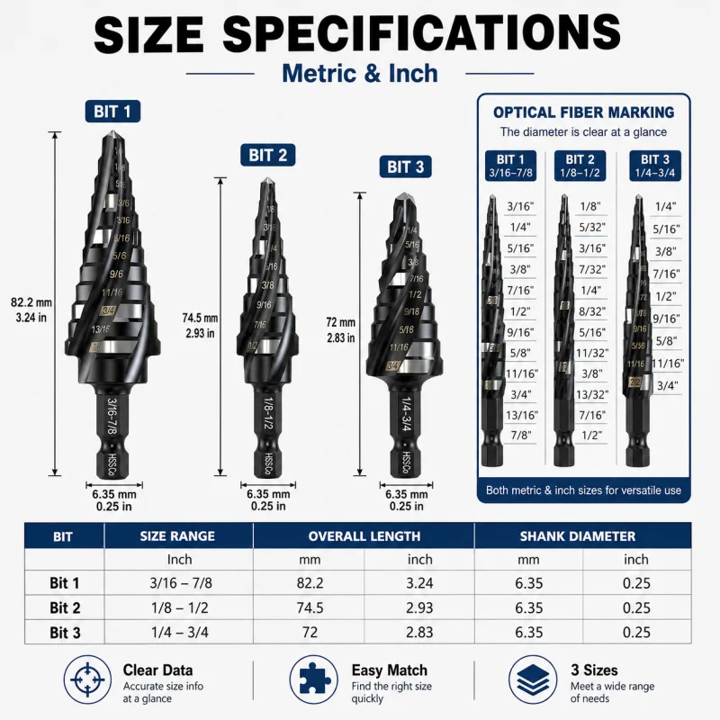 3Pcs HSS‑Co Step Drill Bit Set Spiral Flute 1/4