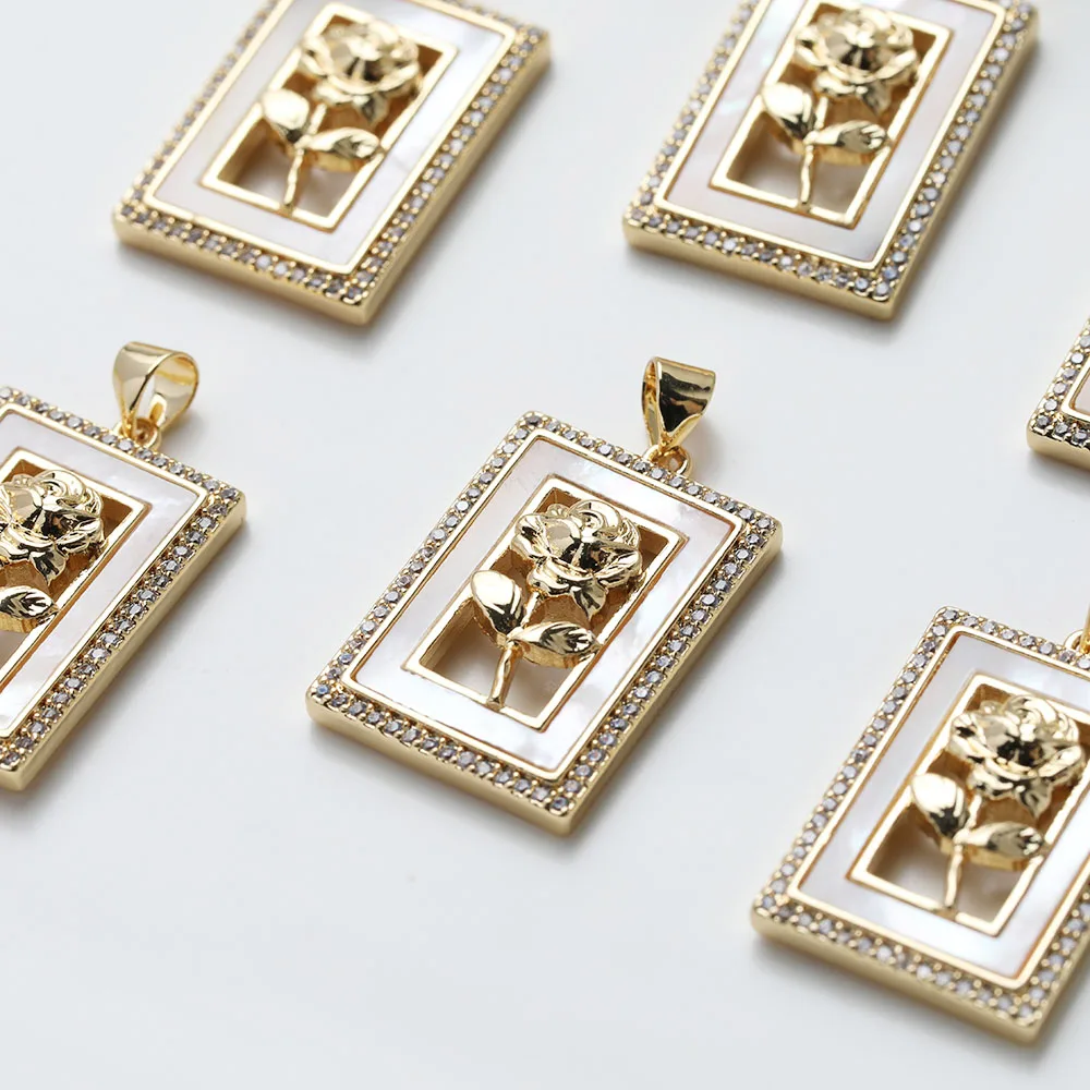 1PCS Dainty Rectangle Shell Roses Flower Charms for Jewelry Making Necklace Pendant DIY Hand Made Brass 14k Gold Plated 17*25mm