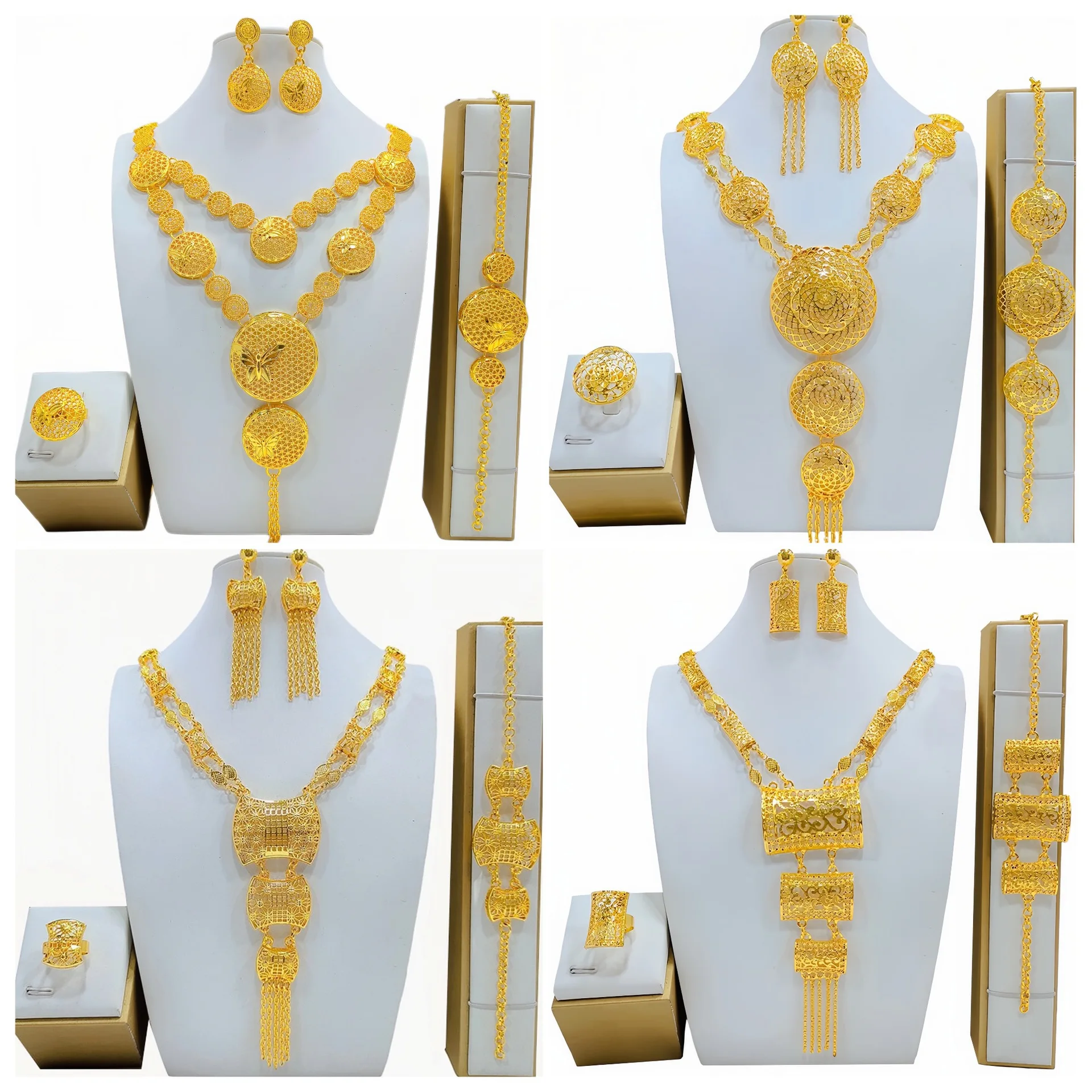 Imagem -05 - Conjunto de Jóias de Casamento Nupcial para Mulheres Colar Banhado a Ouro 24k Anel Pulseira Brincos Novo Yy10214