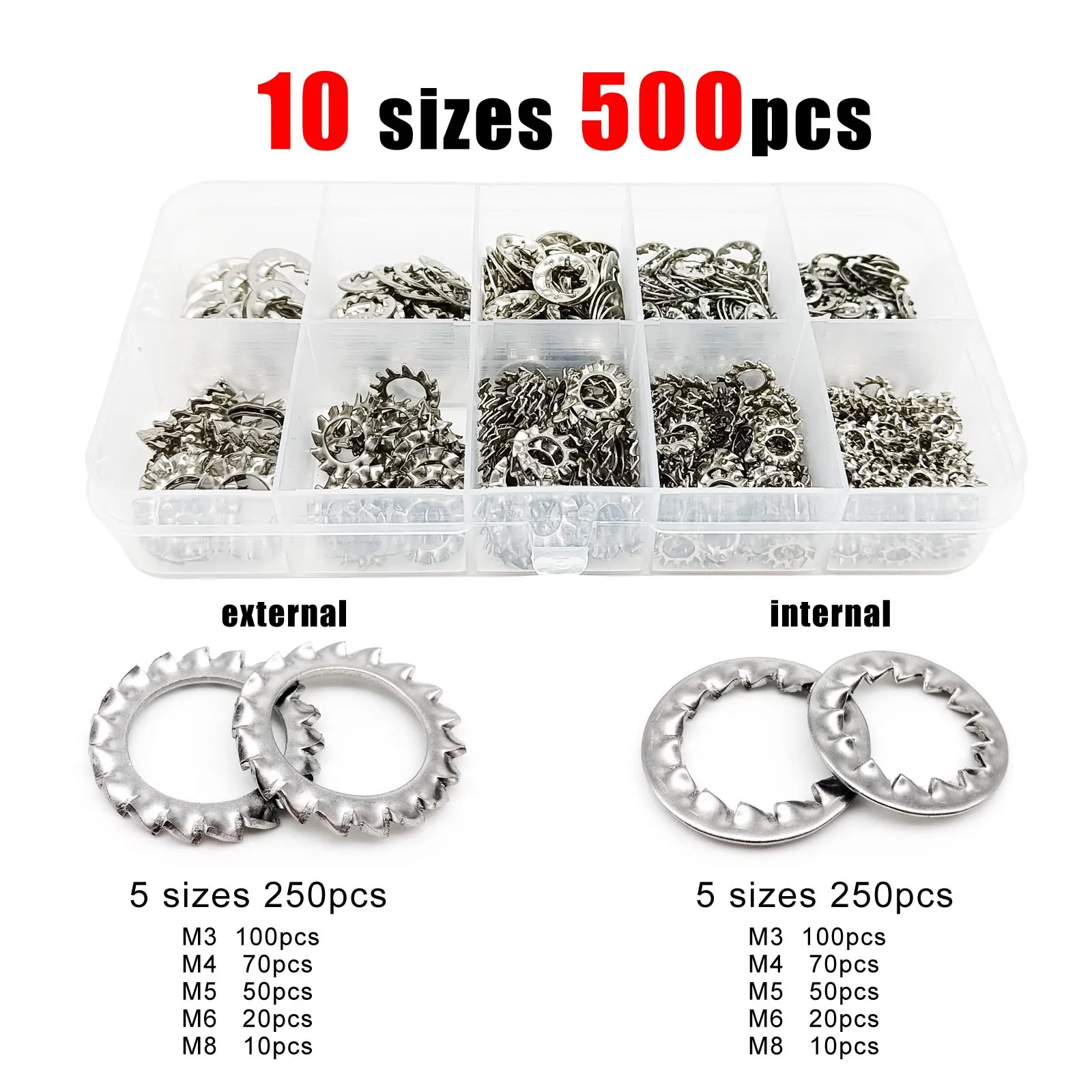 500pcs External Internal Toothed Serrated Lock Washer Gasket Mix M3 M4 M5 M6 M8 Assortment Kit Set Box 304 A2-70 Stainless Steel