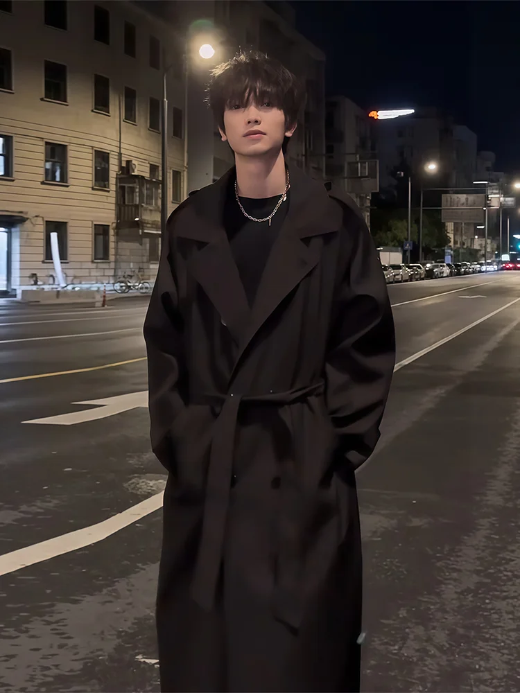 

Briti Sle Double-Row Button Men's Coat Autumn Haome High-End Sensation Long Over-Knee Bla Windbreaker Youth Faion