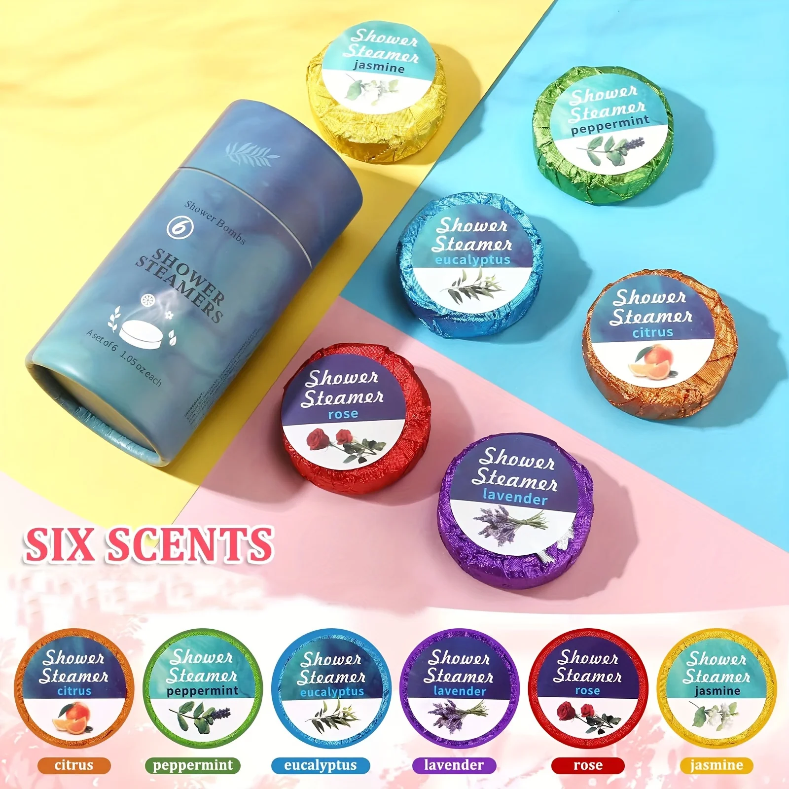 6-Pack Aromatherapy Shower Steamers 6 Scents Bath Bombs Self-Care Essential Oil for SPA Women and Men Valentine's Day Gifts