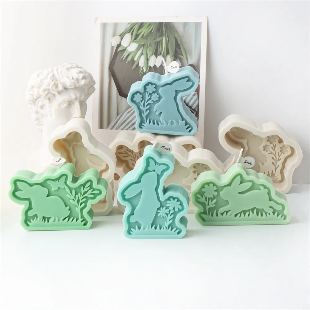 Easter Relief Flower Rabbit Silicone Candle Mold DIY Animal Aromatherapy Plaster Bunny Candle Mold Home Decoration