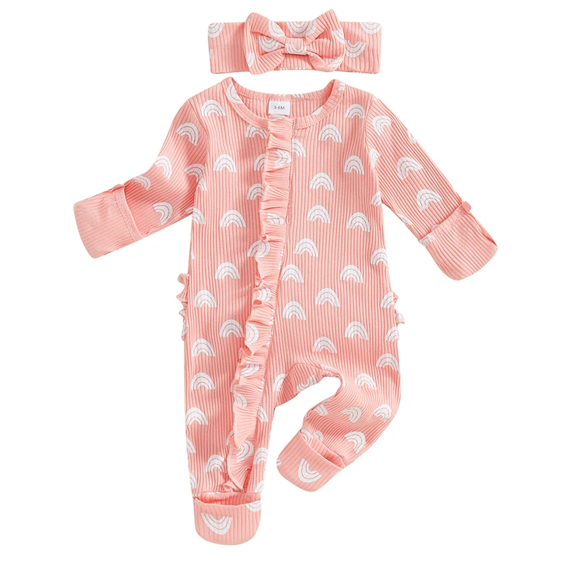 Baby Mädchen Herbst Overall gekräuselt Reiß verschluss Regenbogen Print Langarm Rundhals Stram pler Bogen Stirnband