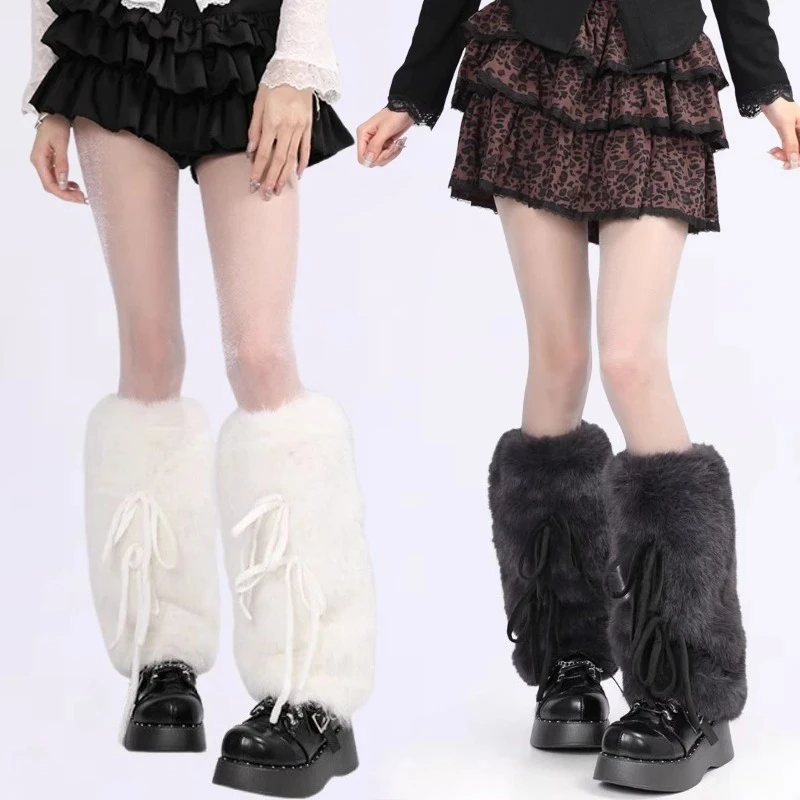 

3 Colors Strap Bow Faux Fur Leg Warmers Thickened Plush Boot Cuffs Luxury Winter Warm Leg Accessories for Women Long Socks