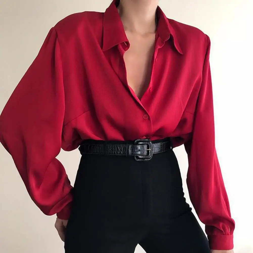 Women Button Blouses Turn Down Collar Shirts Office Lady Long Sleeve Casual Blouse Loose OL Shirt Baggy Tops Red/Wine Red /Black