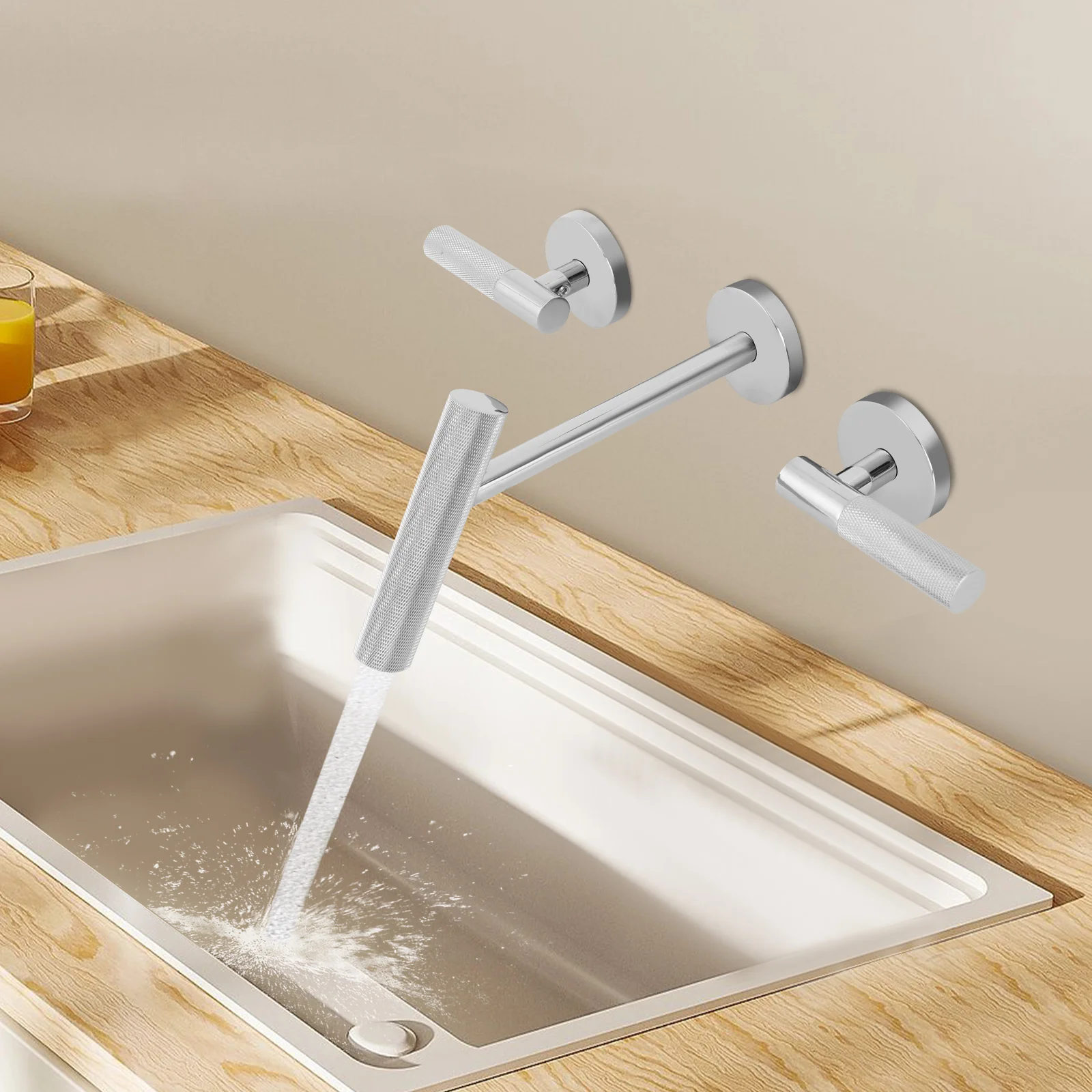 

Wall Mount Bathroom Faucet, 3-Hole Wall Faucet with 2 Handles & Brass Ceramic Valve, Honeycomb Bubbler Water Saving for Sink