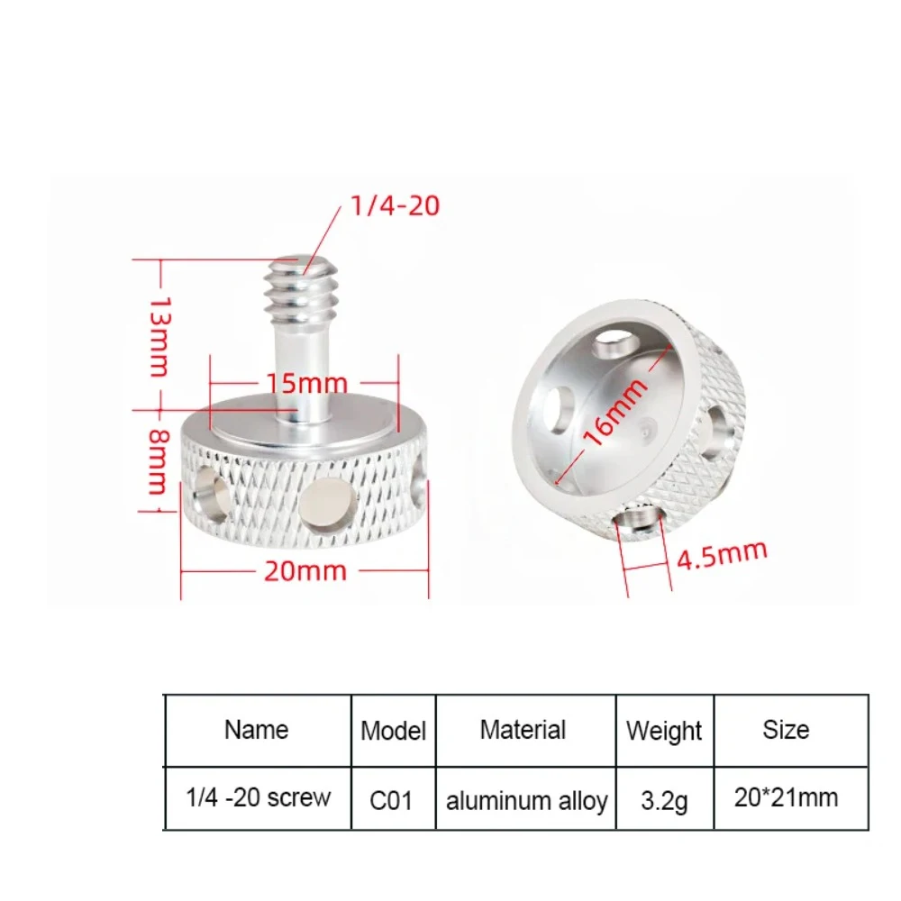 1/4‑20 Inch Aluminum Alloy Hand Tightening Screw 6‑Hole Fixed Screw for Camera Pan Tilt Head Photography Shooting Accessories