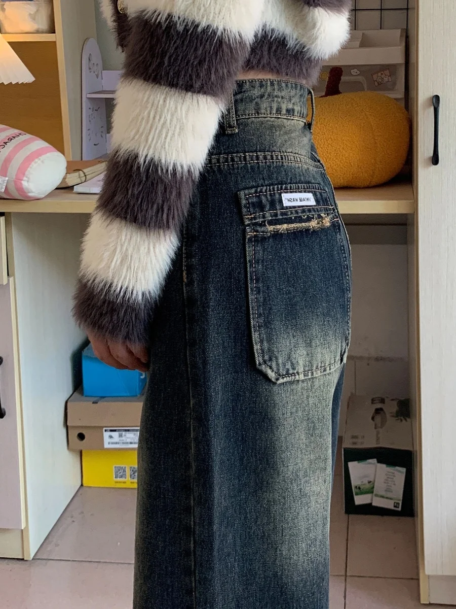 

Retro Blue Wide Leg Denim Jeans Women plus Size Loose High Waist Frayed Hem Pear ape Long Pants Autumn Deep Color High Waist