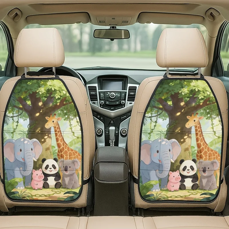 Car Seat Back Covers With Storage Pockets, Cute Cartoon Jungle Animal Print For Kids & Family