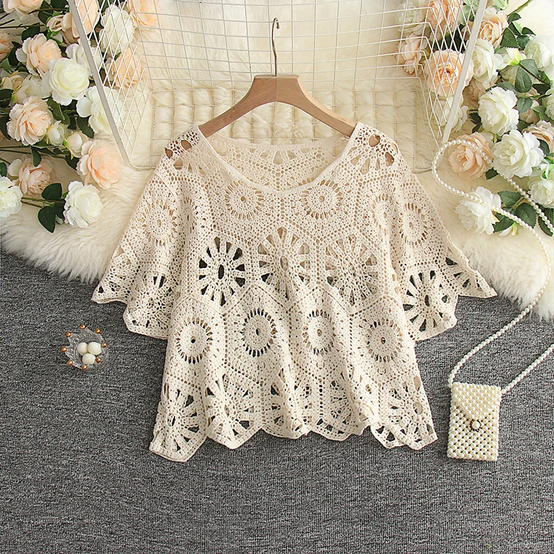 Summer Short sleeved Knitted Shirt Women Hollow out Sheer Blouse Vintage Crochet Crop Tops