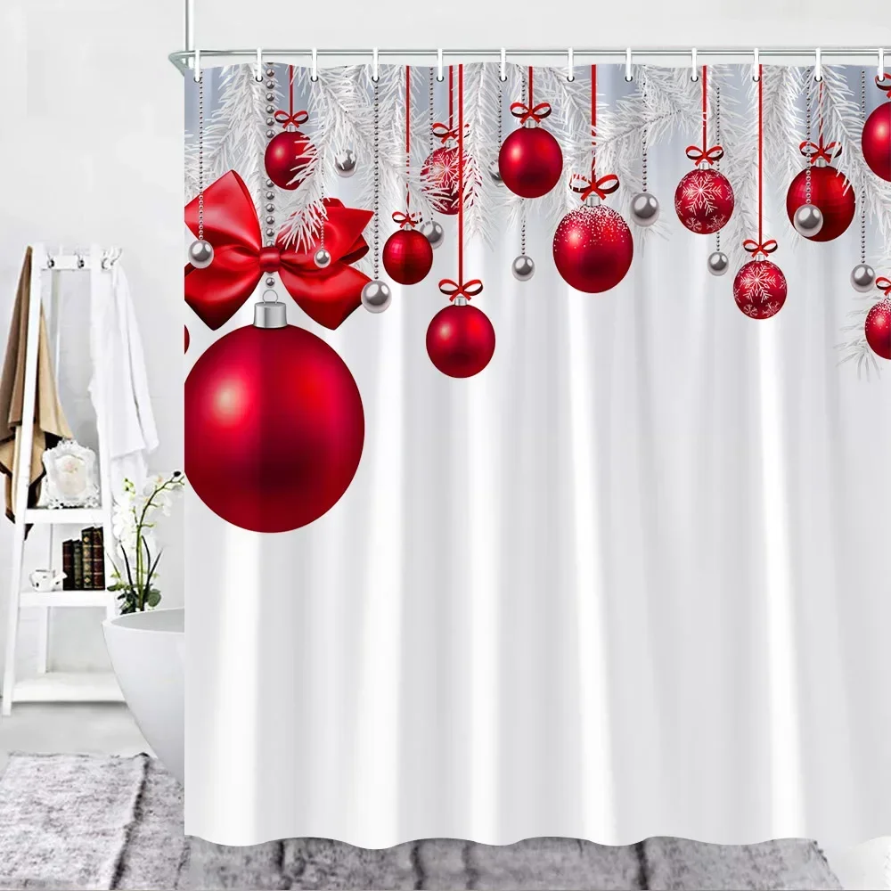 Christmas Shower Curtain Set Red Xmas Balls Fir Christmas Holidays Decor Fabric Hook Bathroom Curtains Bathroom Accessories Sets