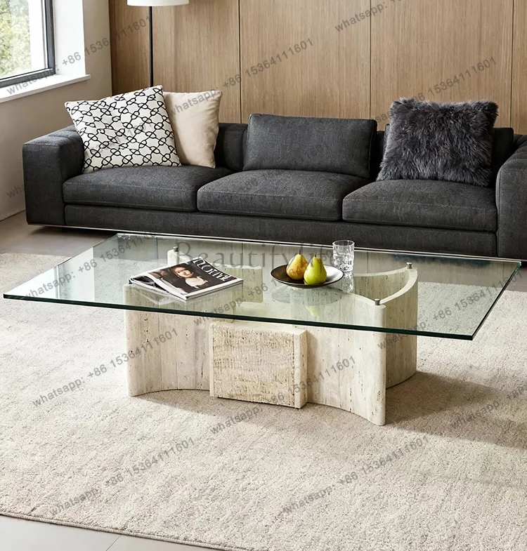 Minimalist travertine tempered glass coffee table home new high-end long table high-end furniture villa