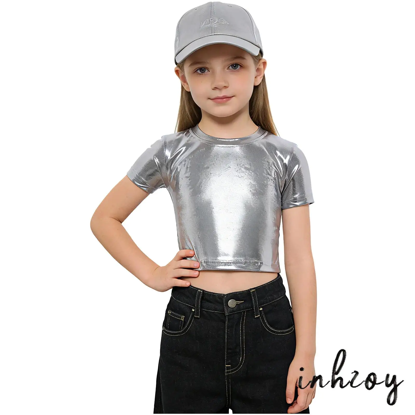 

Kids Girls Hip Hop Jazz Dance Performance Top Round Neck Short Sleeves Ruched Metallic Crop Tops for School Cheerleading Dance