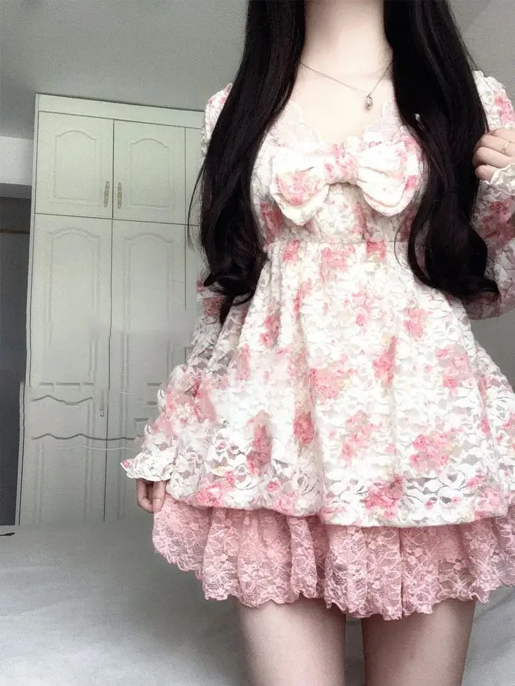 

Japan New Sweet Style Lace Floral Dress For Women In Autumn