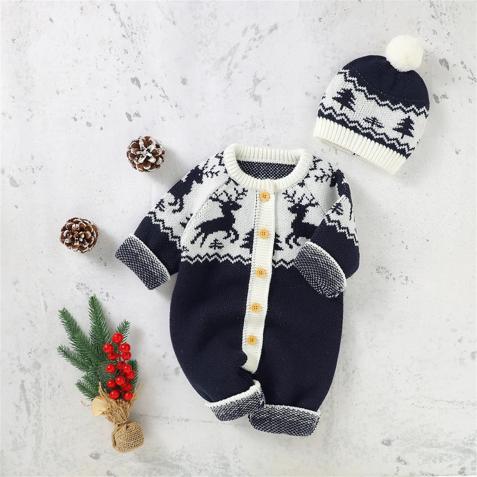 Christmas Baby Rompers Newborn Long Sleeves Knitted Strap Jumpsuit With Hat One Piece Infant Kids Boy Girl Overall Clothes 0-18M