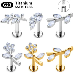ASTM F136 Titanium Sparkly Marquise CZ Internal Thread Labret Stud Flat Back Earrings Helix Tragus Ear Cartilage Body Jewelry