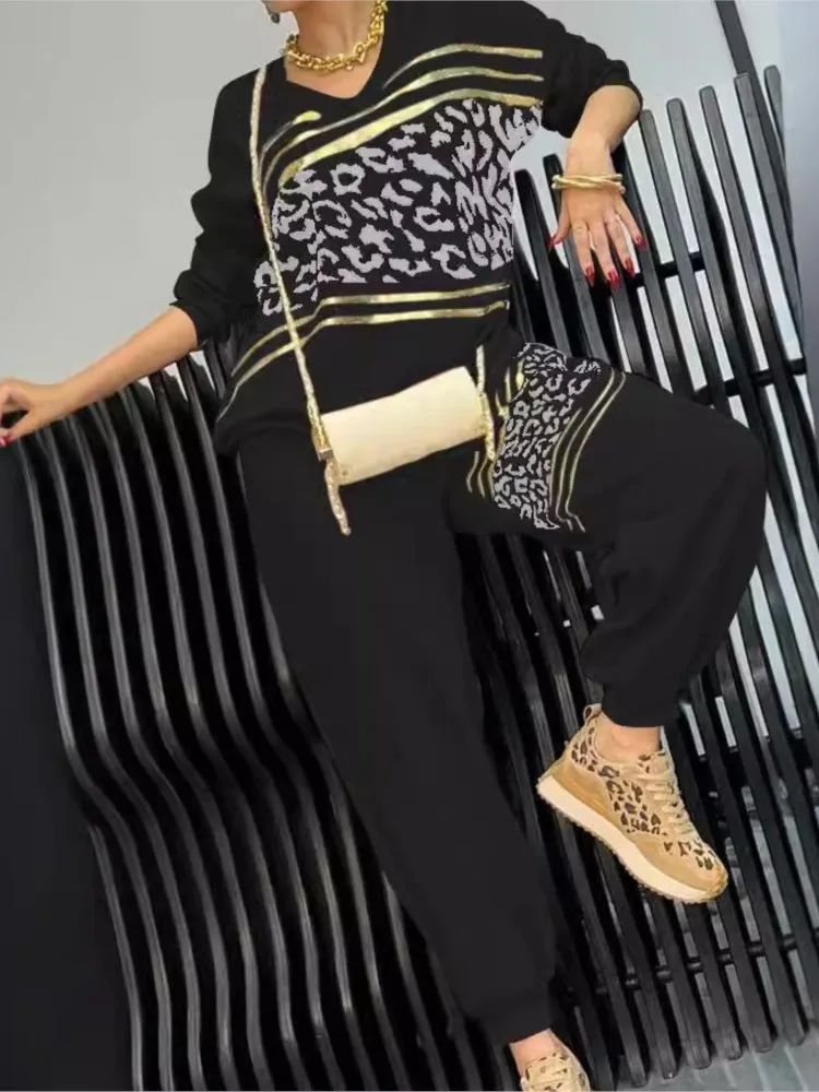 Fashion V-neck Long-sleeved Sweatshirt Top + Pants 2-piece Set For Women Autumn Loose Leopard Printing Pocket Casual Suit Female