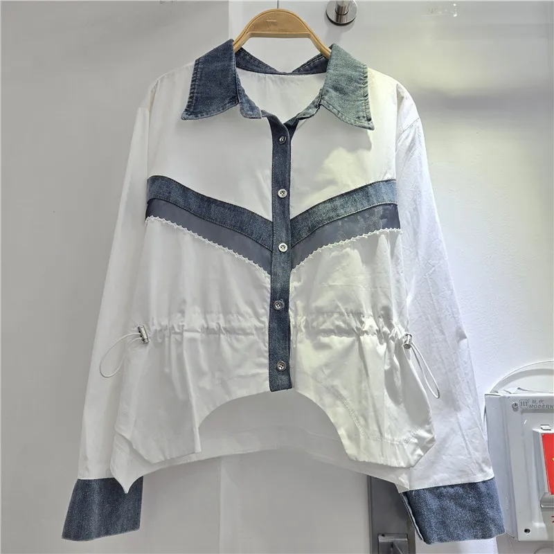 

SuperAen European and American Style 2026 Spring New Sweet Asymmetrical Loose Denim Patchwork Color-matching Women Blouse Shirts