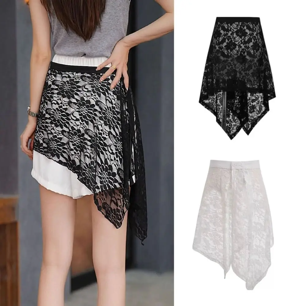 New Embroidered Flower Lace Skirt See Through Y2K Streetwear Hollow Out Skirt Harajuku Irregular Layering Skirt Jeans Decoration