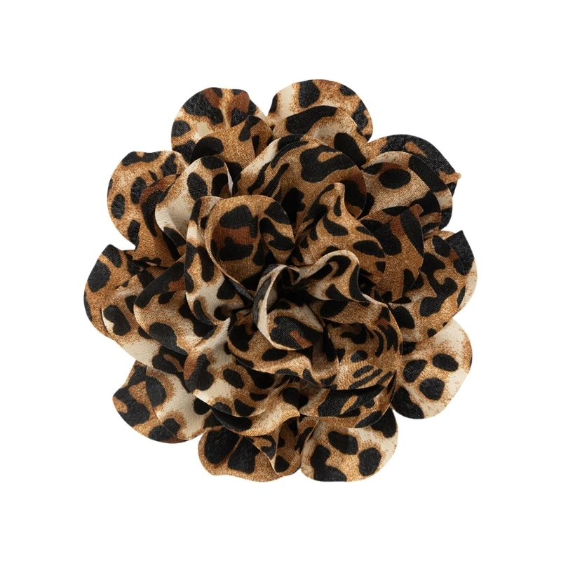 F42F Stylish Leopard Pattern Floral Duckbill Clip Brooch Fabric Flower Lapel Pin Handmade Clothing Accessory for Trendy Women