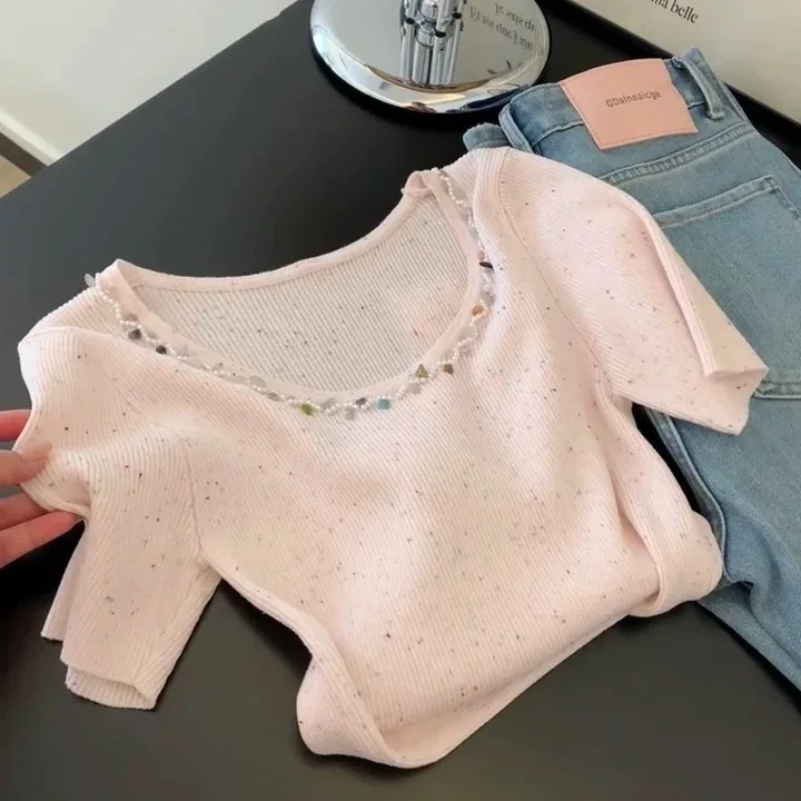 

Летний женский трикотажный топ Sweet Sle ort Sve с U-образным вырезом, прямой крой, облегающий силуэт