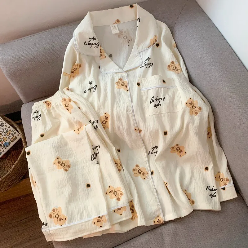 Harajuku حجم كبير الحلو لطيف المرأة منامة الخريف جديد التلبيب الرقبة 2025 2 قطعة دعوى ملابس خاصة فام Kawaii ملابس منزلية غير رسمية