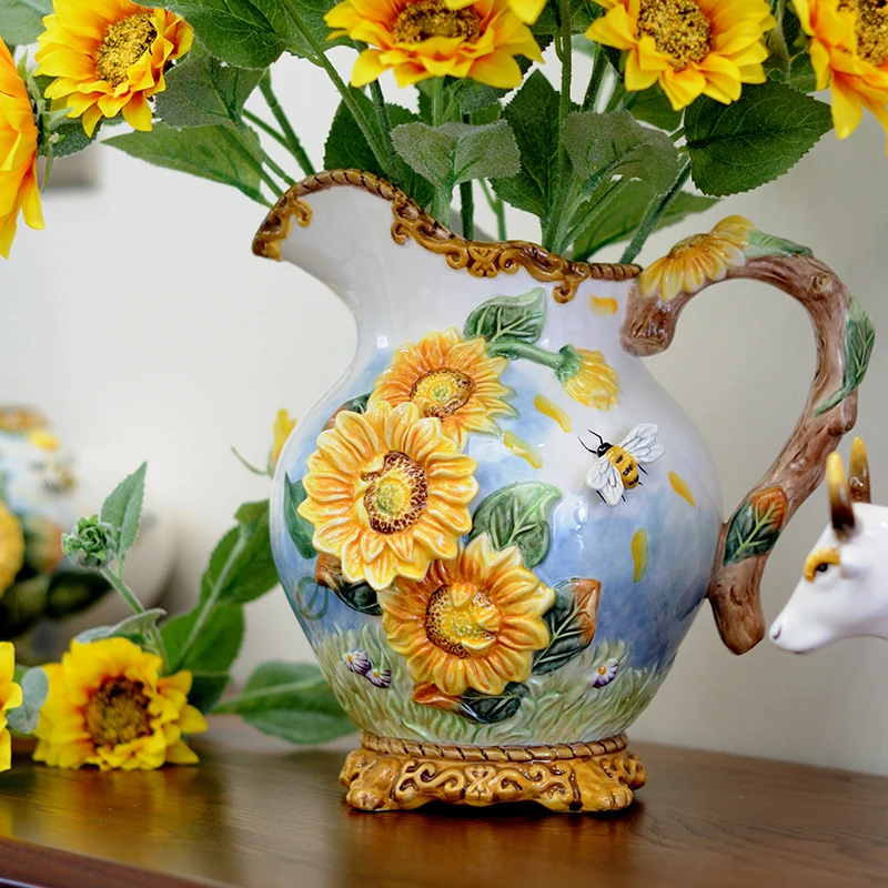 

Ceramic Sunflower Vase Ceramic Water Pitcher Flower Vase, Hand-Painted Sunflower and Bee Home Decor Bouquet Holder