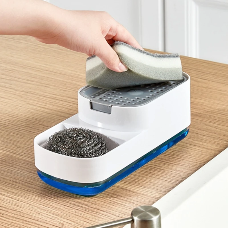 

Press Type Manual Soap Box Large Capacity Household Liquid Soap Dispenser Kitchen Portable Drain Tray Sponge Brush Storage Box