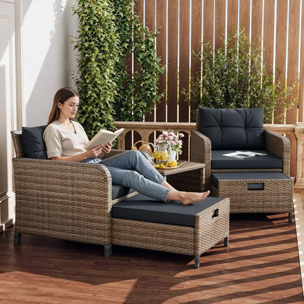 Balcony urniture 5 Piece Patio Contion Set, PE Wicker Rattan Outdoor Lounge Chairs with Sot Cushions 2 Ottoman-Glass Table or Po