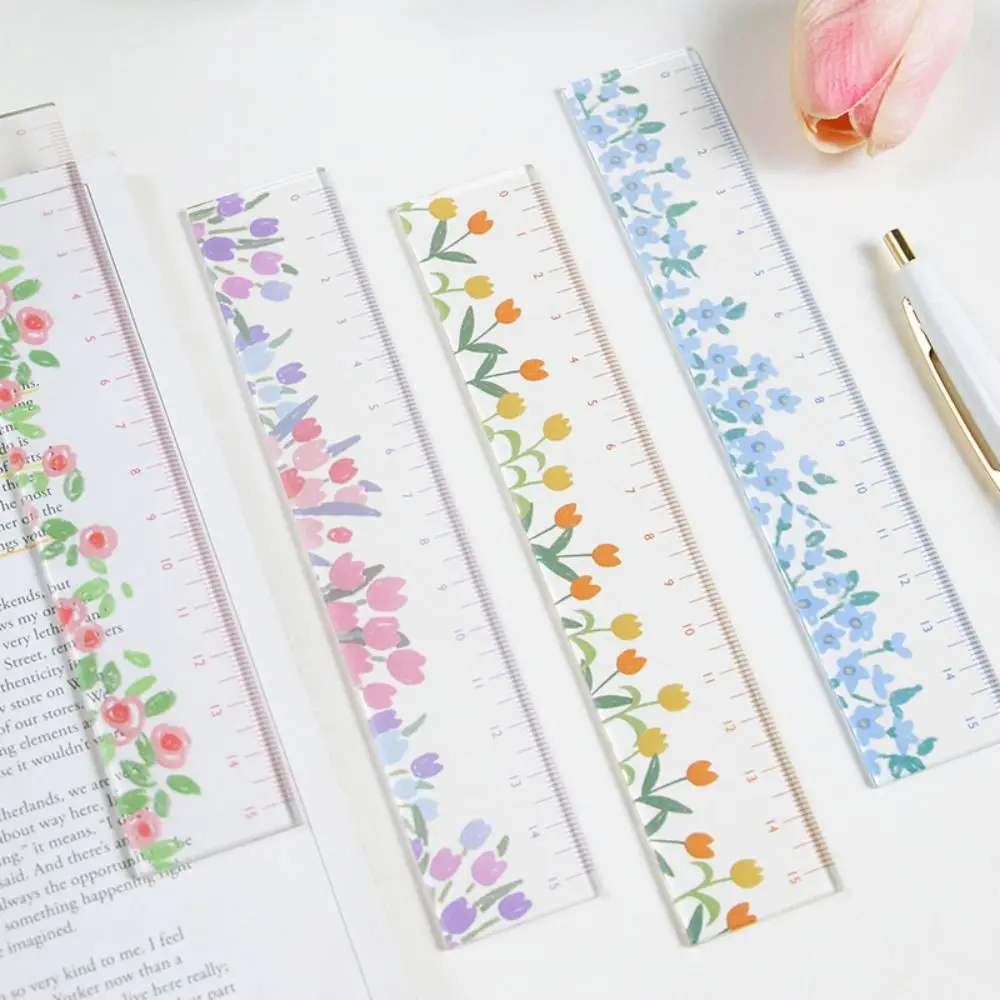 Régua acrílica transparente para desenho de matemática, Régua reta Multifuncional Criativa, Double-Duty Flower Bookmark, Papelaria para Tulipa, 15cm