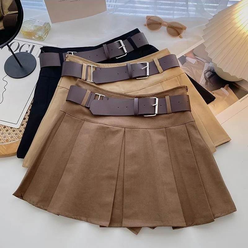 Summer High Waist Mini Skirts Women Hot Girls Temperament All-match Solid Belt A-line Faldas Stylish Y2K Harajuku High Quality