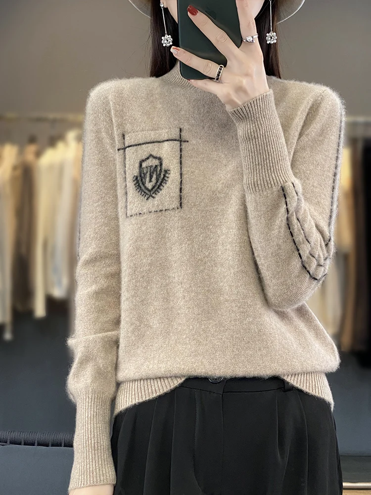 Autumn and winter new 100% merino wool women\'s semi high neck sweater knitting casual pullover loose soft color contrast blouse