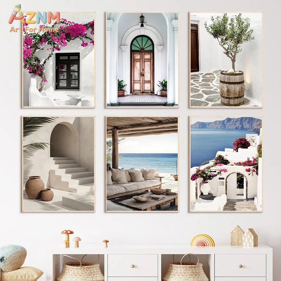 AZNM Santorini Mediterranean White Building Canvas Wall Art Aegean Sea Bougainvillea Olive Tree Scenery Print Unframed Canvas Pa