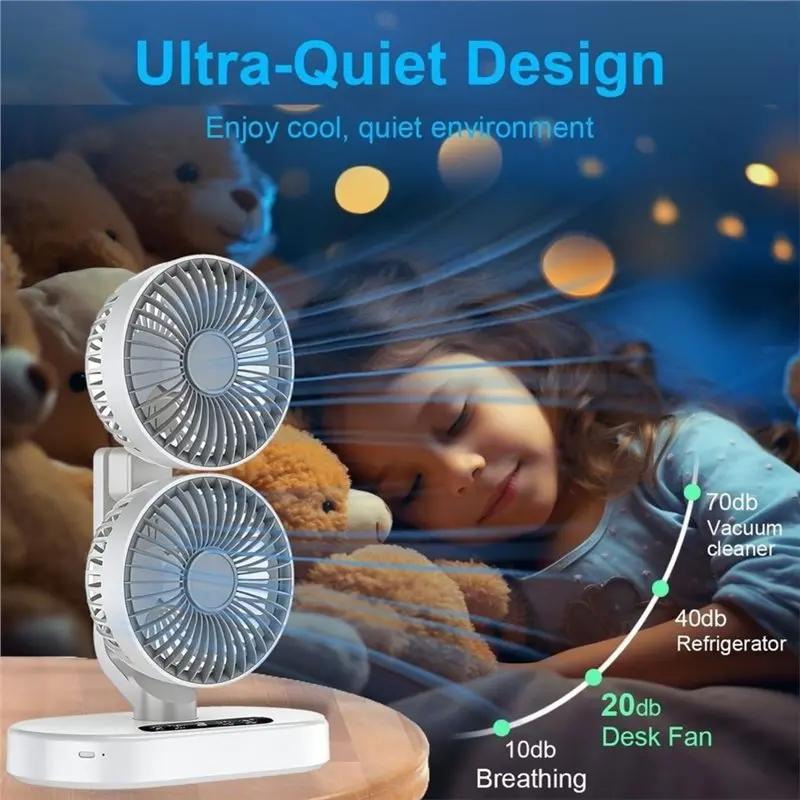A65T-Dual Head Desk Fan Rechargeable, Quiet Portable Cooling Fan With Timer, 6 Speed Levels, For Home, Bedroom, Outdoor Adjustme