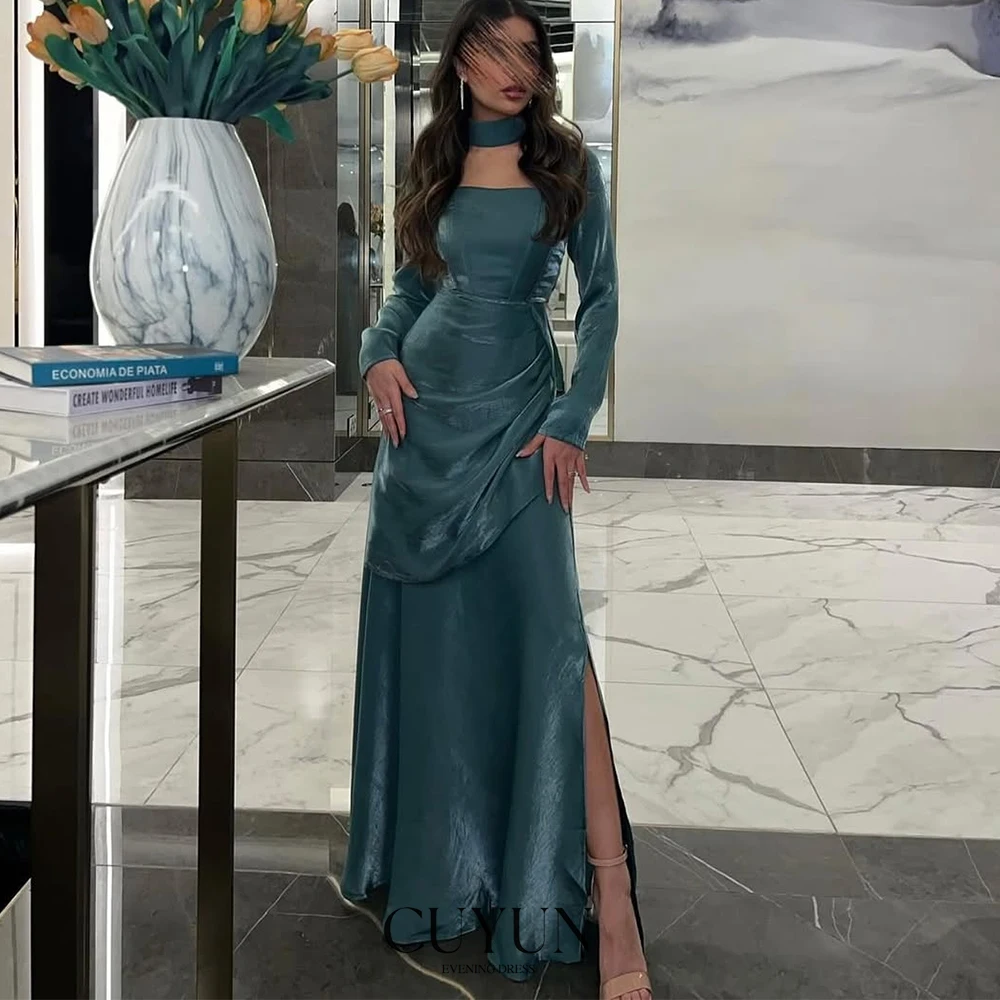 

CUYUN Simple Elegant Women Party Dresses Customized Long Sleeves Side Slit Prom Dress for Special Occasion 2025