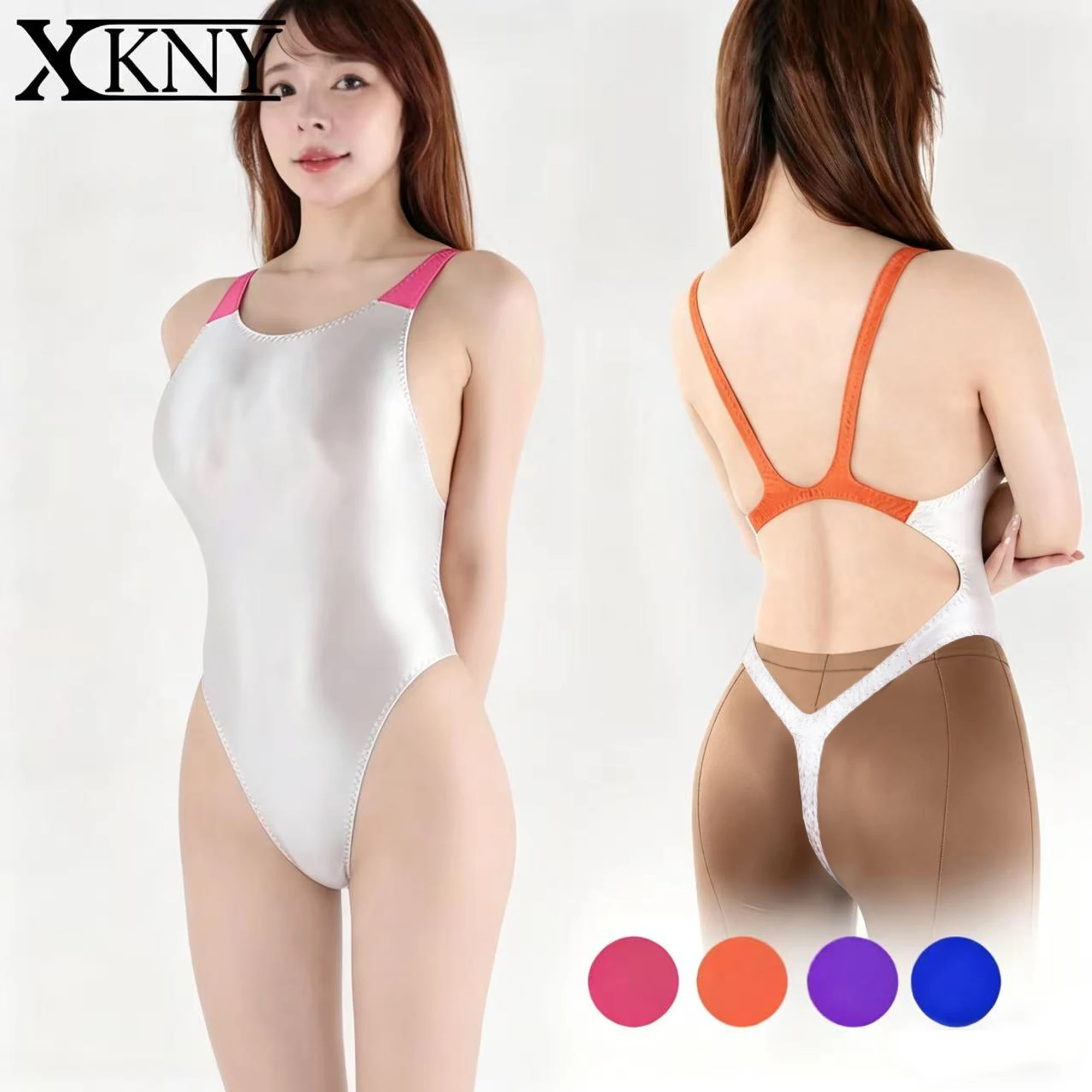 XClocKNYoung satin glossy matching color swimsuit satin glossy swimsuit high elastic smooth swimsuit oil tight thong swimsuit