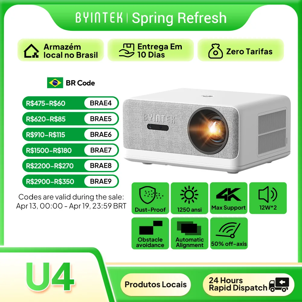 BYINTEK LOVE U14 Full HD 1080P Projetor 4K Inteligente Bluetooth WiFi 6 Suportado 1250ANSI Foco Automático Projetores de Cinema Home Theater