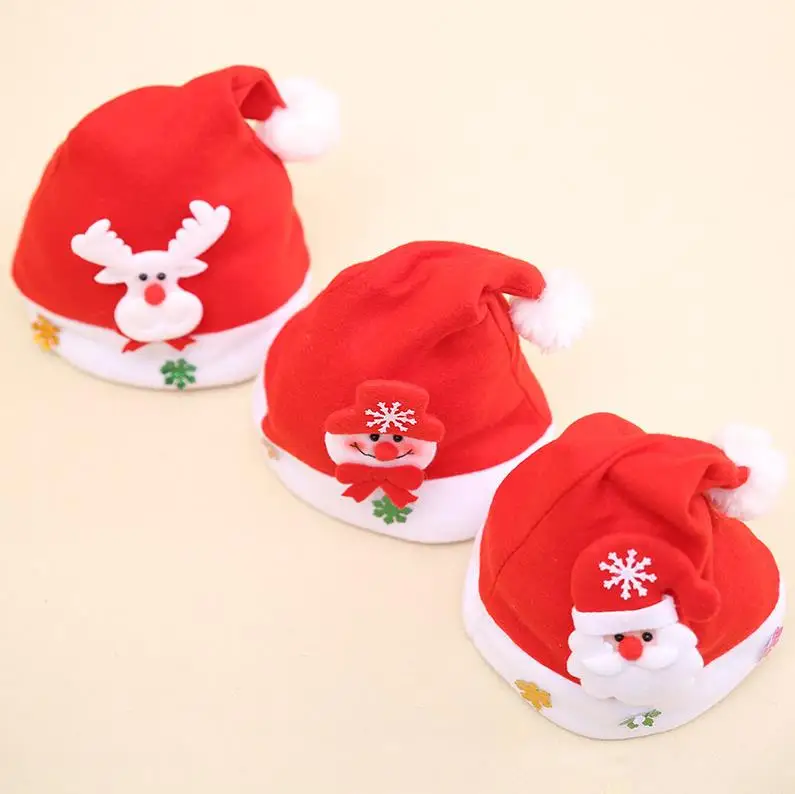 120pcs Non Woven Kids Christmas Hat With Led Light Cartoon Applique Santa Deer Snow Pattern Hats Christmas Supplies ni95