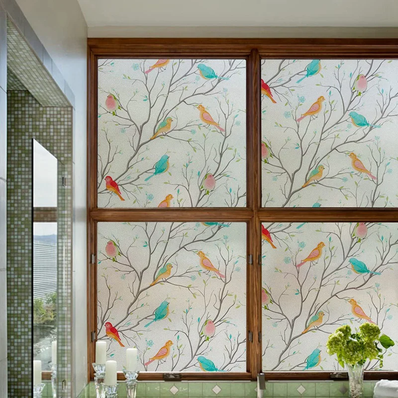 3D Bird Frosted Window Privacy Film Stained Glass Window Film Non-Adhesive Static Cling Glass Film Decorative 45Cm Easy Install