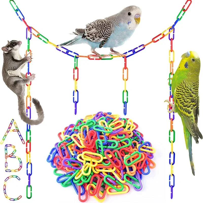 100PCS Parrot Toy Geometric Chain Buckle Building Blocks for Educational Toys Rainbow C-Clip Hook Chain for Climbing Rat DIY Toy