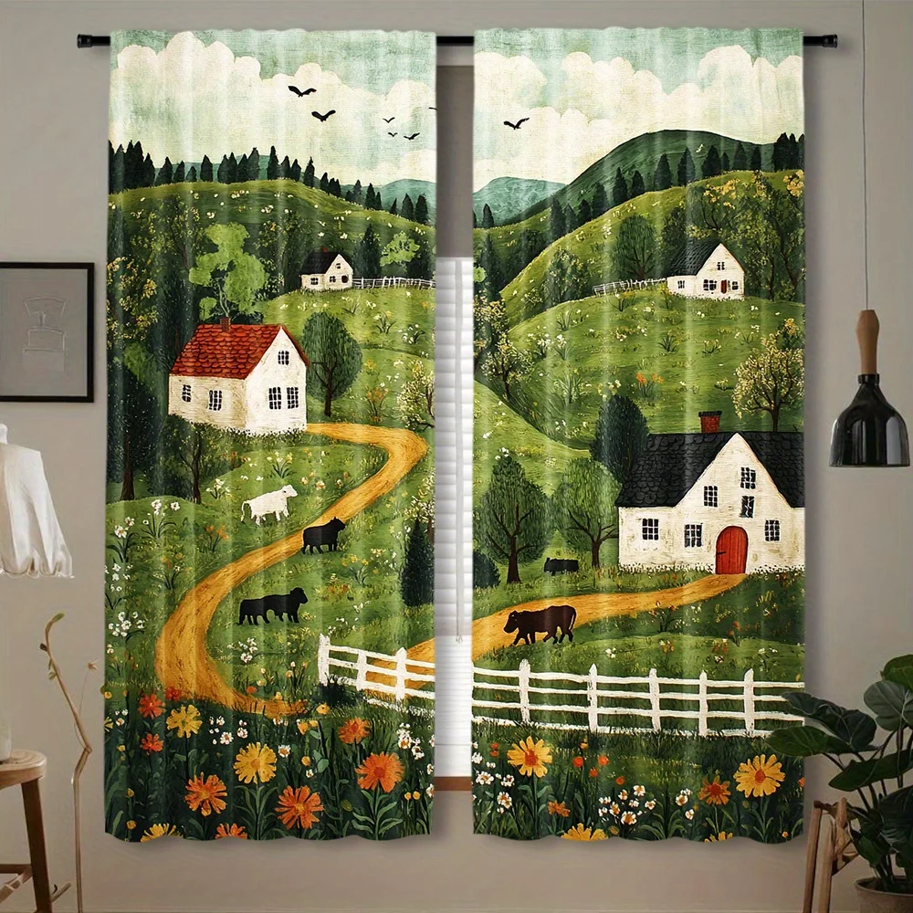 Pastoral Farm Window Curtain 2 Panels, Hand Drawn Rural Cottage Cattle Sheep Colorful Flower Pattern, Drapes Living Room Curtain