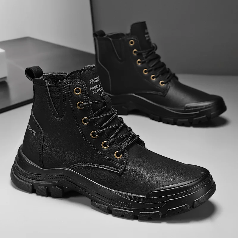 Tooling Boots Men Winter Casual Leather Shoes Ankle Men's Biker Boot Young Fashion Water Proof Full Black Non-slip Male Footwear