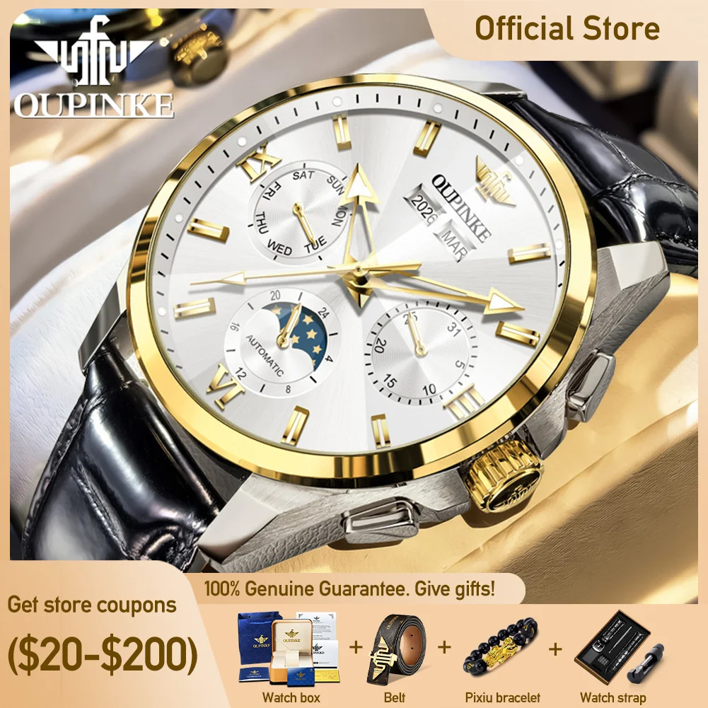 

Мужские часы OUPINKE 3325 с фазами луны, датой, дополнительным циферблатом, водонепроницаемые, с зеркальным стеклом в форме бриллианта, из нержавеющей стали, с люминесцентными стрелками.