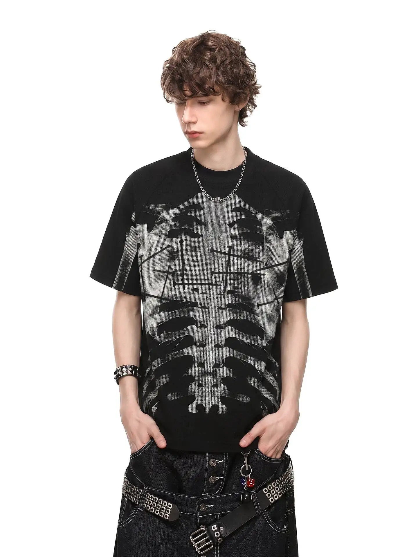 Men X-Ray Skeleton Dot Print Waffle Knit Short Sleeve T Shirt Dark Gothic Vintage Hip Hop Fashion