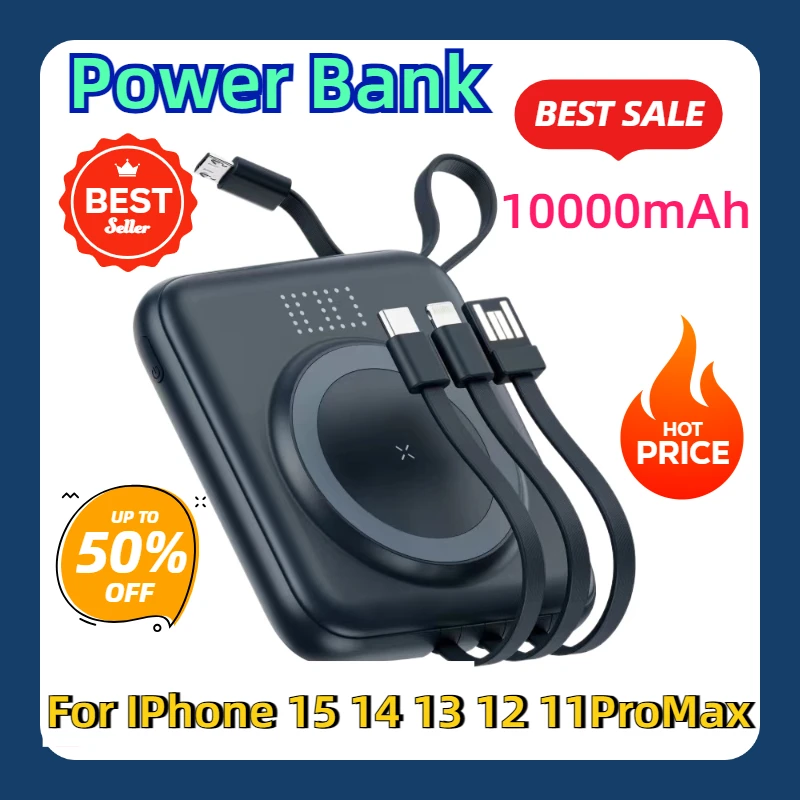 

For IPhone 15 14 13 12 11ProMax Portable Powerbank for 10000mAh Power Bank Wireless External Backup Battery Fast Charger