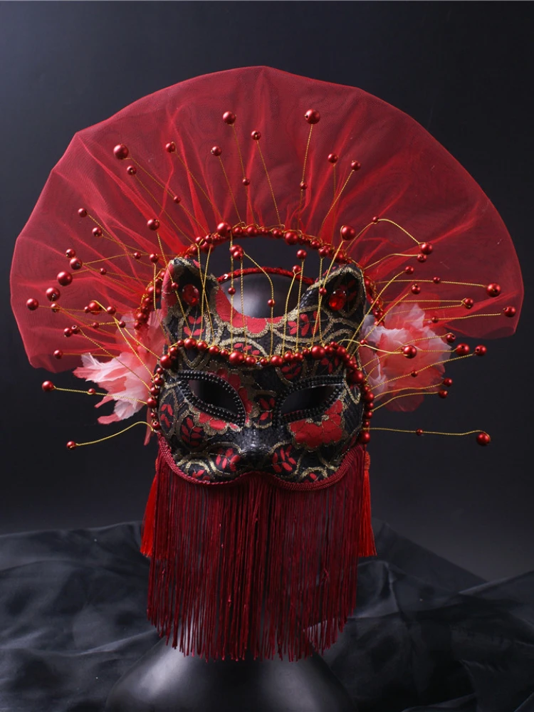 Mask PVC Red Black Chinese Style Three-Dimensional Yarn Tassel Headdress Exquisite Fashion Singing Stage Adult Performance Props