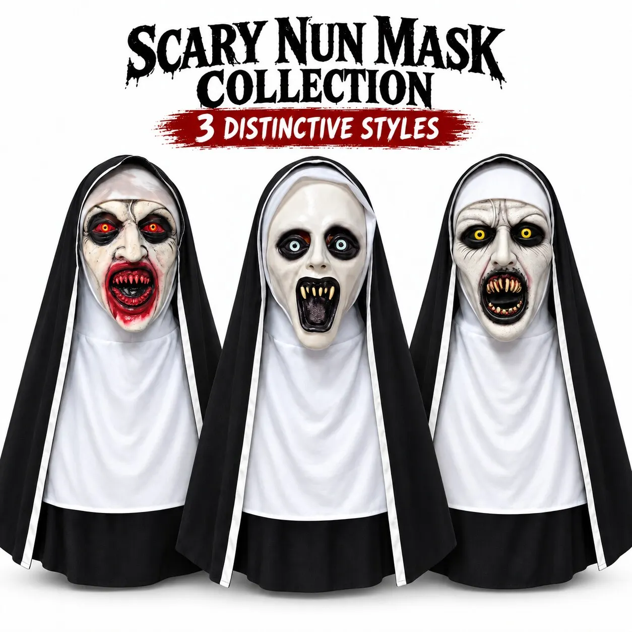 Scary Nun Mask with Full Fabric Headpiece – Creepy Fanged Halloween Costume Mask for Cosplay, Haunted Houses