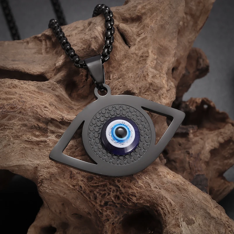 Collar con colgante de mal de ojo turco de acero inoxidable para hombres y mujeres, joyería de amuleto de la suerte personalizada, tendencia de moda